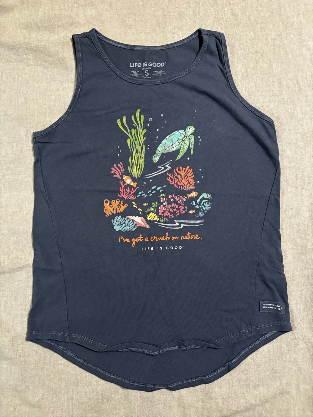 Life Is Good Navy Tank with Colorful Sea Turtle and Coral Print